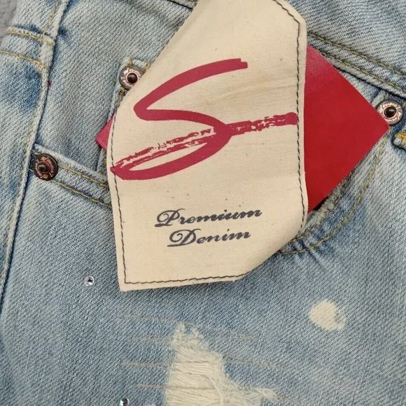 Seven7 Jeans Womens 24  Light Blue Rhinestones Distressed Ripped Wide Leg Denim - Picture 4 of 15